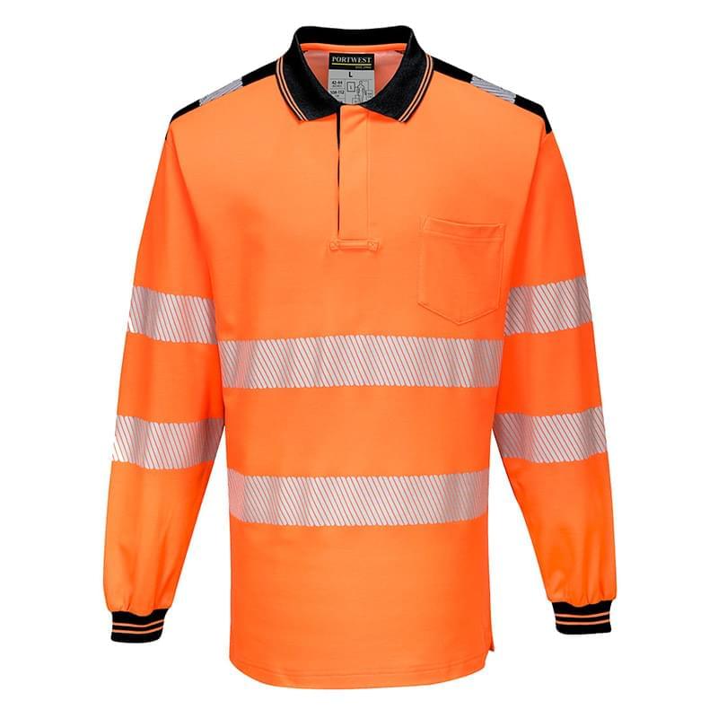 Portwest PW3 Hi-Vis Polo Shirt  Long Sleeves Orange/Black