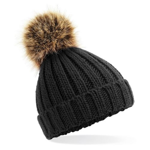 Beechfield Infant/Junior Fur Pom Pom Chunky Beanie Black