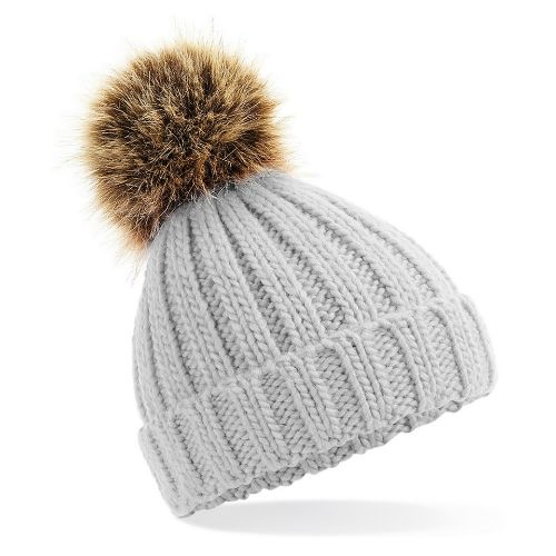 Beechfield Infant/Junior Fur Pom Pom Chunky Beanie Light Grey