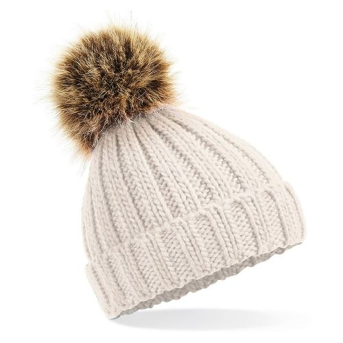 Beechfield Infant/Junior Fur Pom Pom Chunky Beanie Oatmeal