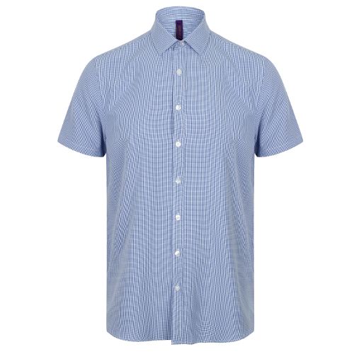 Henbury Gingham Pufy Wicking Short Sleeve Shirt Blue/White