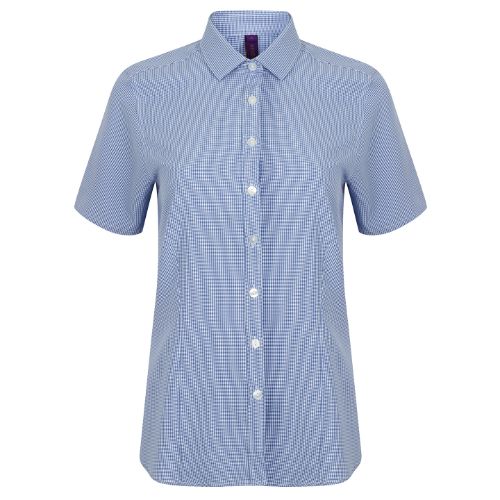 Henbury Women's Gingham Pufy Wicking Short Sleeve Shirt Blue/White