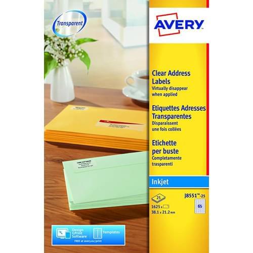 Avery Clear Mini Inkjet Label 38x21mm J8551-25 65 Per Sheet PK1625