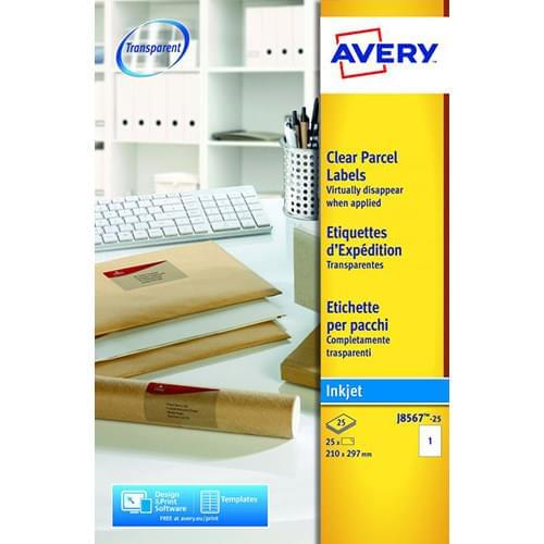 Avery Clear Inkjet Labels 210x297mm J8567-25 1 Per Sheet PK25