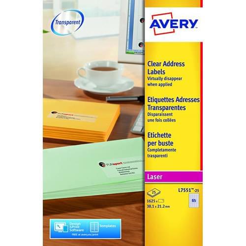 Avery Clear Mini Laser Label 38x21mm L7551-25 65 Per Sheet PK1625