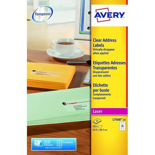 Avery Clear Laser Labels 63.5x38mm L7563-25 21 Per Sheet PK525